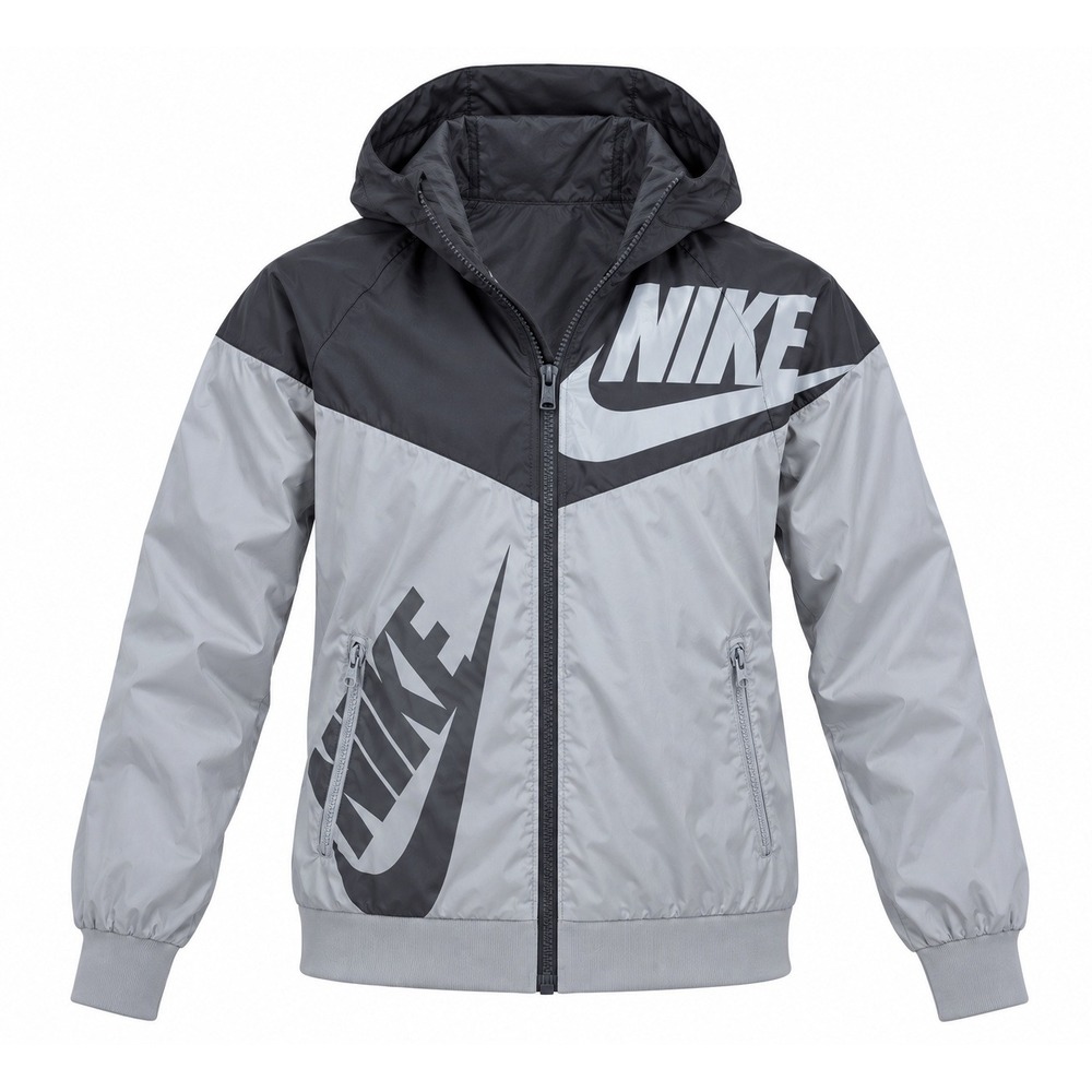Nike Boys Windrunner Hooded Jacket Grey Black Full Zip Windbreaker Size Large L